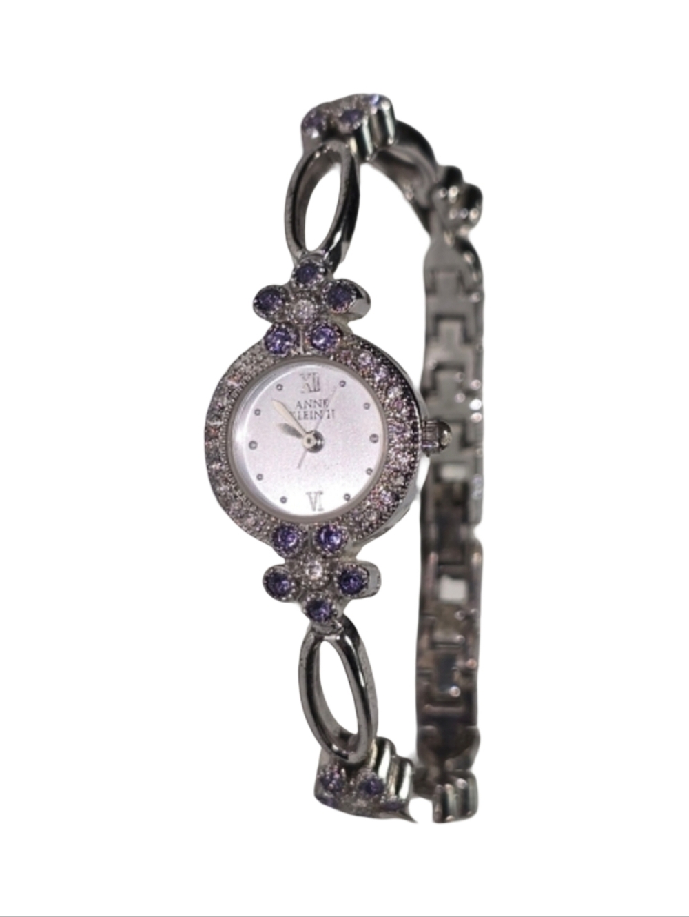 Anne Klein II Silver‎ Tone Crystal Floral Bracelet Watch Purple Accents Dressy